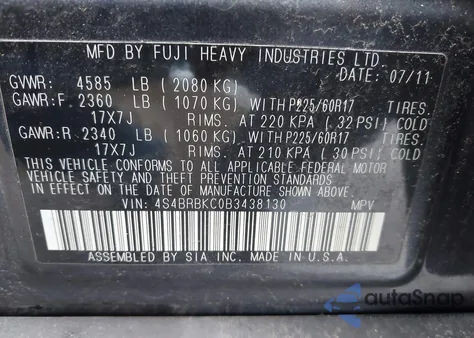 2011 Subaru Outback 2.5I Limited from USA, damaged, VIN 4S4BRBKC0B3438130